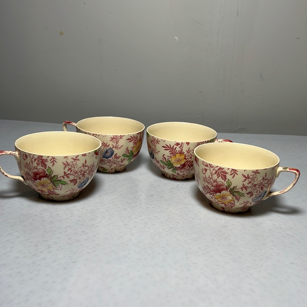 Vtg Flat Cup Set 4 of Old English Chintz Pink Multicolor by JOHNSON BROTHERS